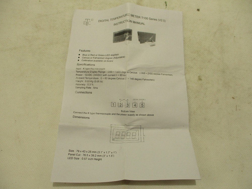 NEW DTC T100B DIGITAL TEMPERATURE METER RANGE 300-2300F 12VDC
