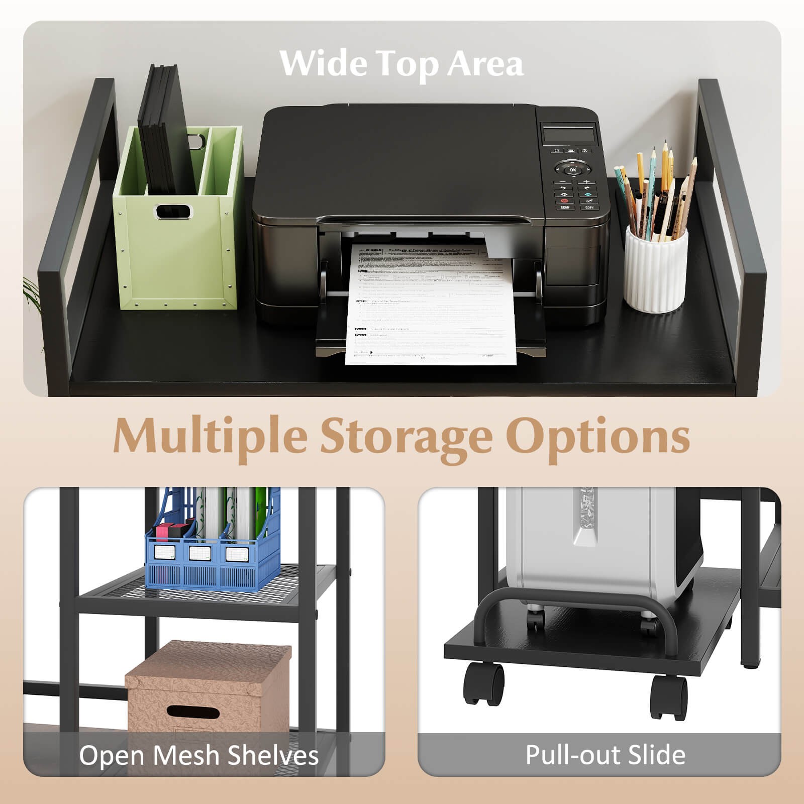 25” x 16” 3-Tier Printer Table with Storage Shelves, Wheels for Home Office