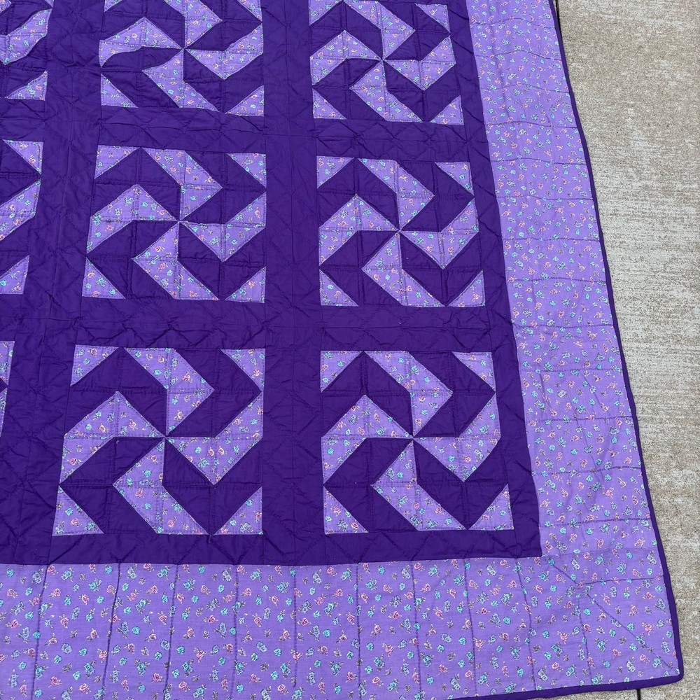 Vtg Patchwork Block Quilt Windmill Pattern 86”x99” Hand Made Cotton Purple