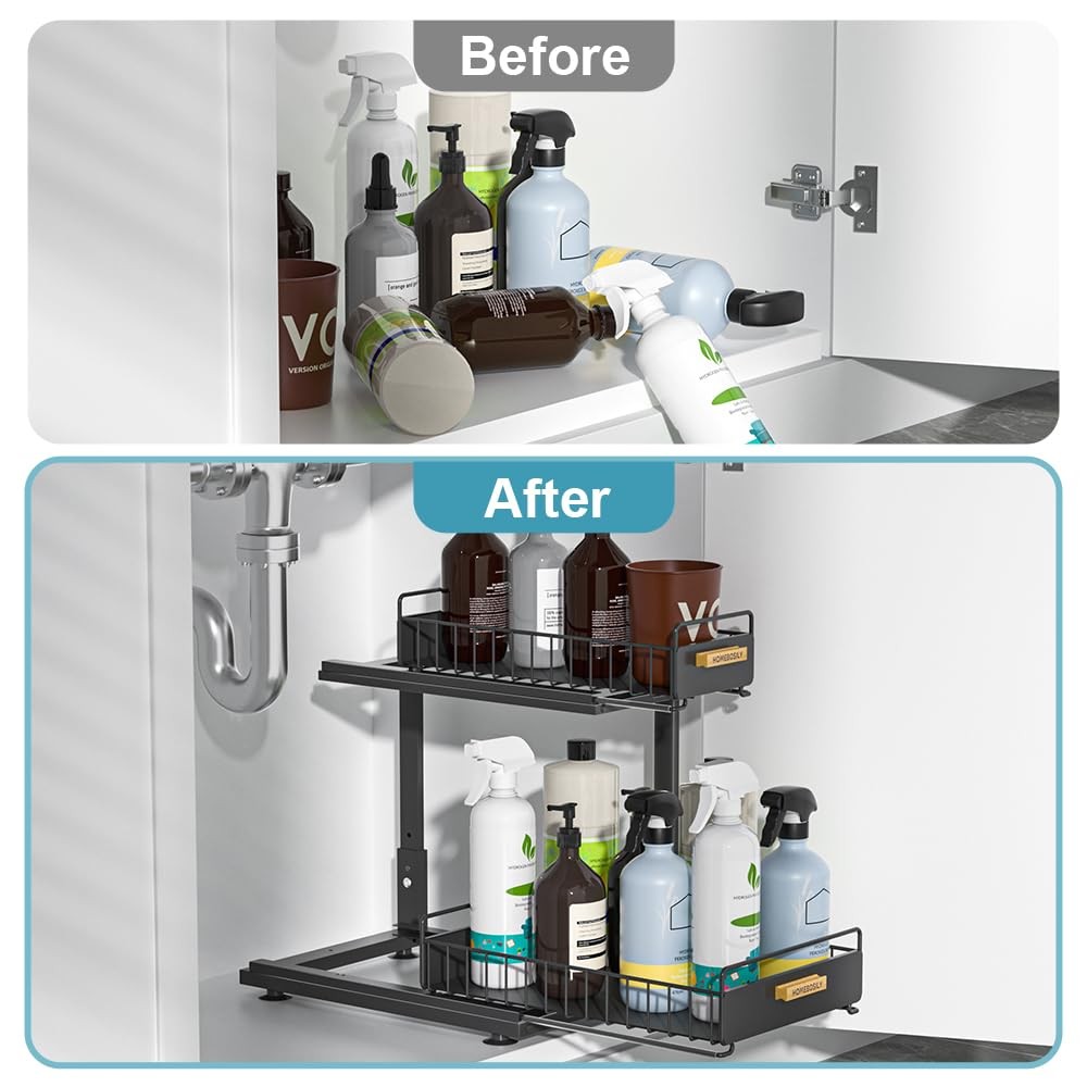 Under Sink Organizer Kitchen, 2 Tier Double Layer, Black