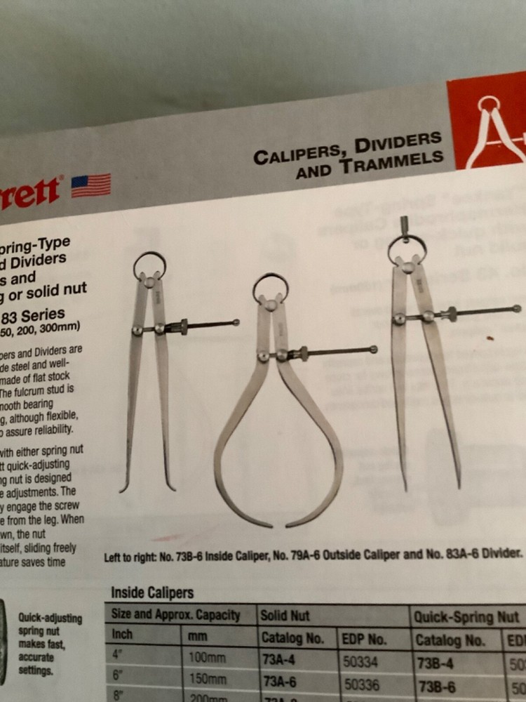 Starrett 73B-4 Yankee Spring type inside Caliper, Quick Spring Nut EDP # 50335