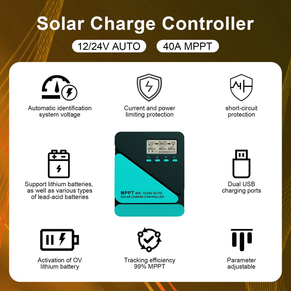 MPPT 40A Solar Charge Controller 12V/24V Auto with LCD&USB Intelligent Regulator