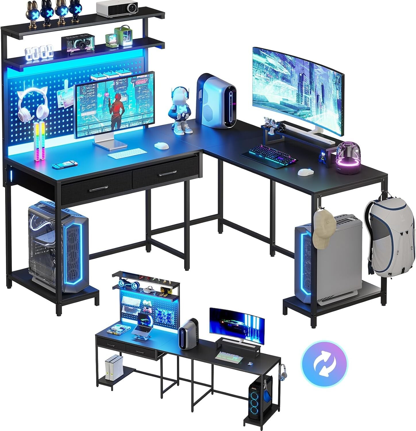 L Shaped Gaming Desk with LED Lights and Hutch, Computer Desk with Monitor Stand