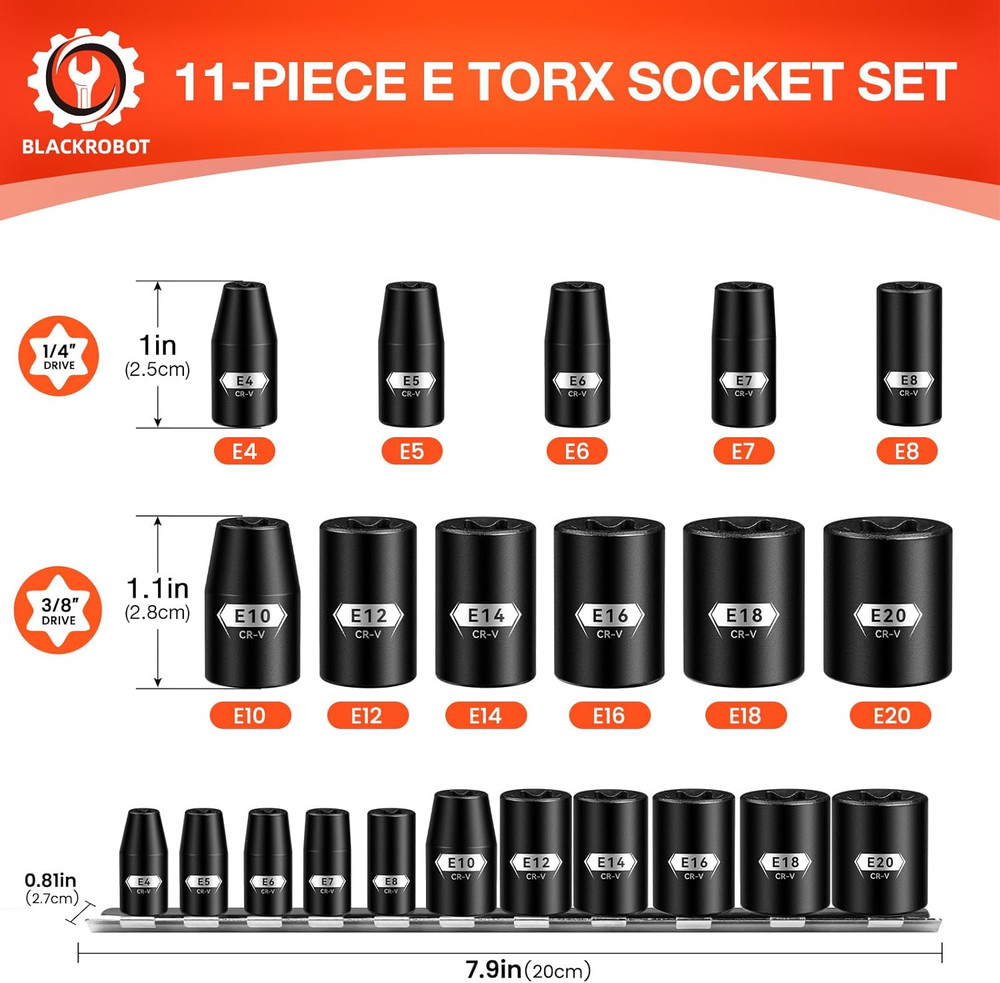 E Torx & Star Socket Set with Rail, 11-Piece Female External Sockets