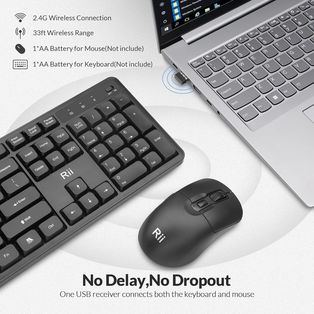 Wireless Keyboard and Mouse, 2.4G Full-Sized Quiet Ergonomic Keyboard, Quiet Typ