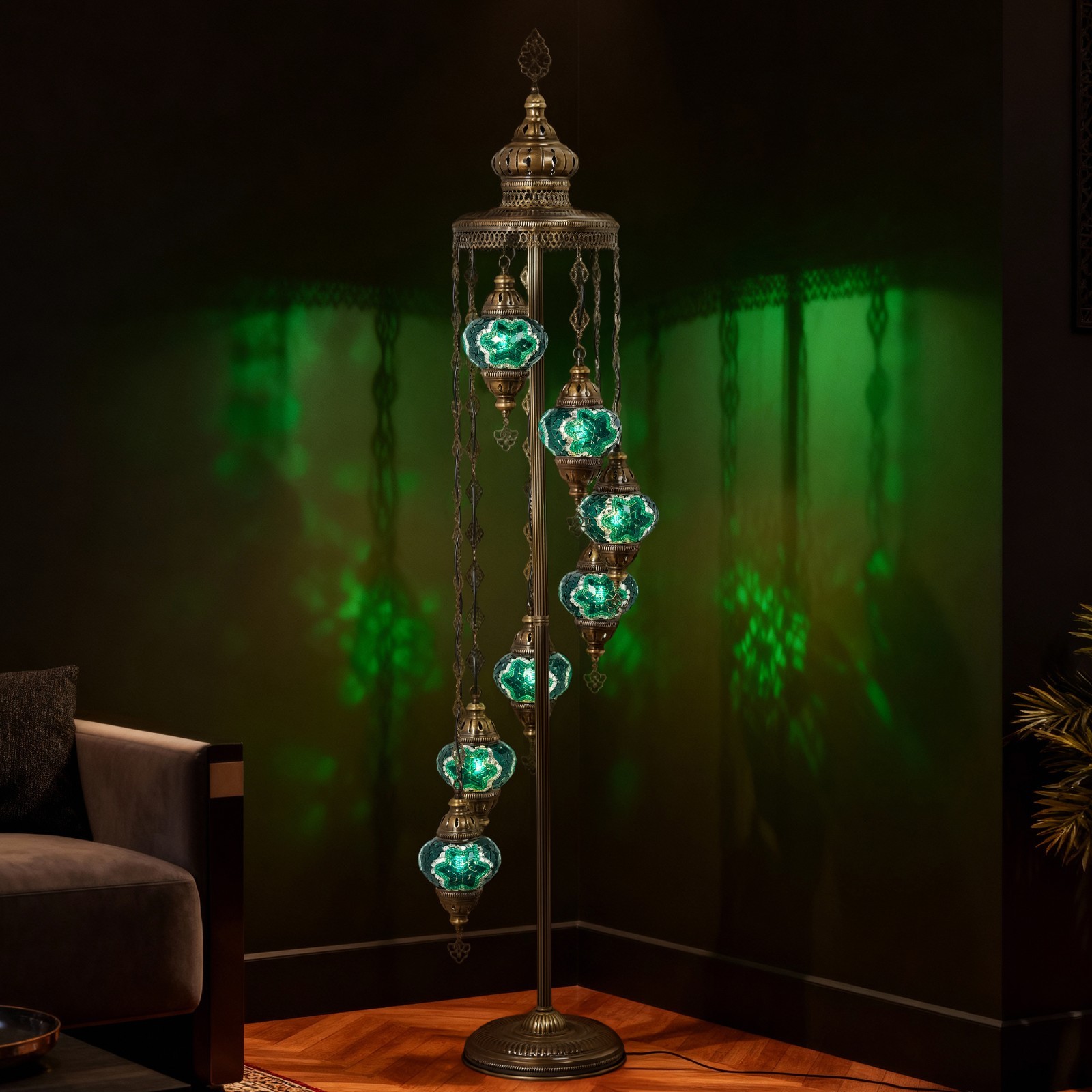 Turkish Mosaic Floor Lamp 7 Globes – 63” Tall Handmade Lamp with Bulbs Included