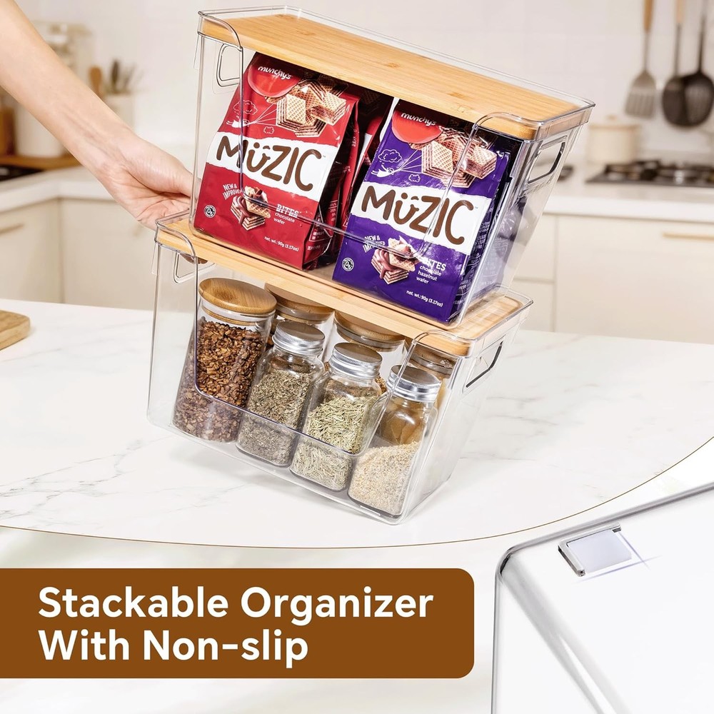 2 Set Pantry Organizers & Storage W/ Bamboo Lids Stackable Clear Bins Onion