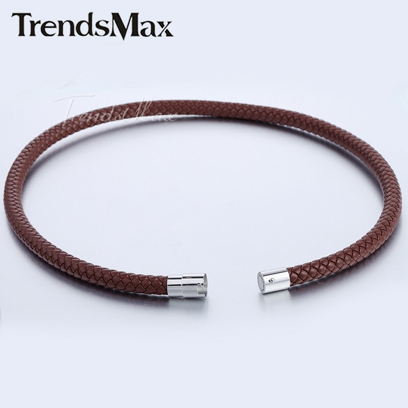 4/6/8MM Brown Braided Cord Rope Man-made Leather Necklace Gift w/ Magnetic Clasp