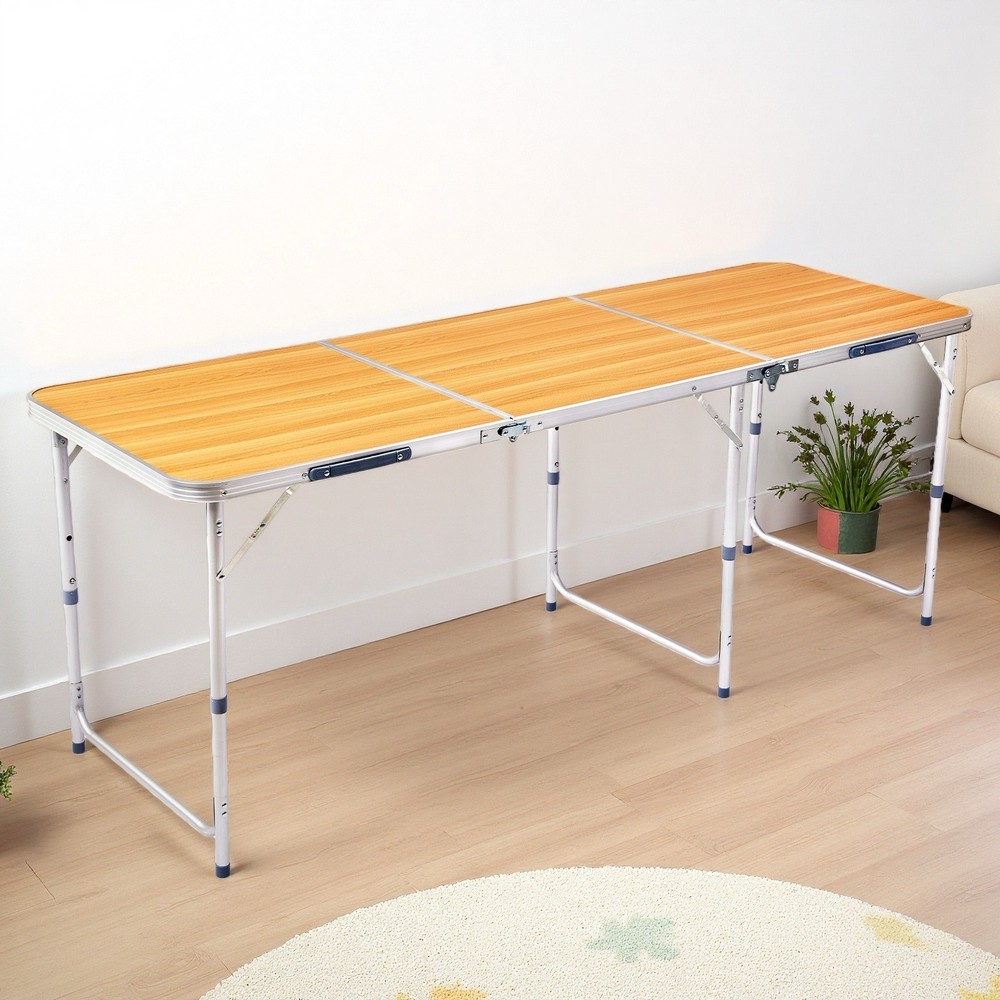 Folding Camping Table 6ft - Adjustable Height, Aluminum & Wood Grain Patio Table