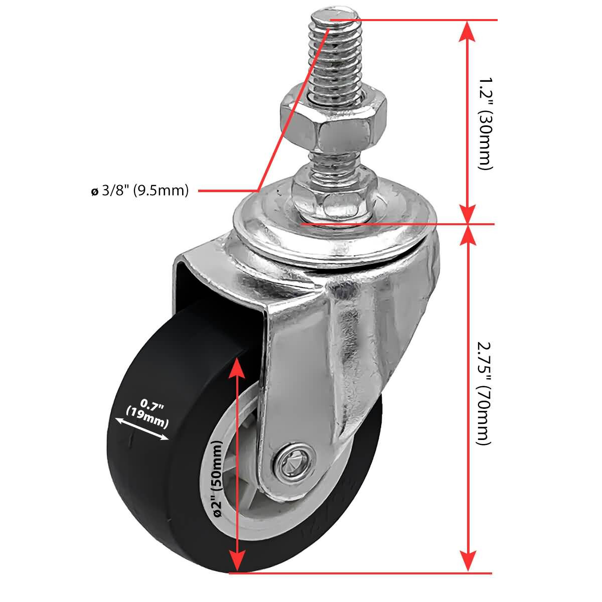 4 Pack 2 Inch Stem Caster Swivel Black Polyurethane Caster Wheels