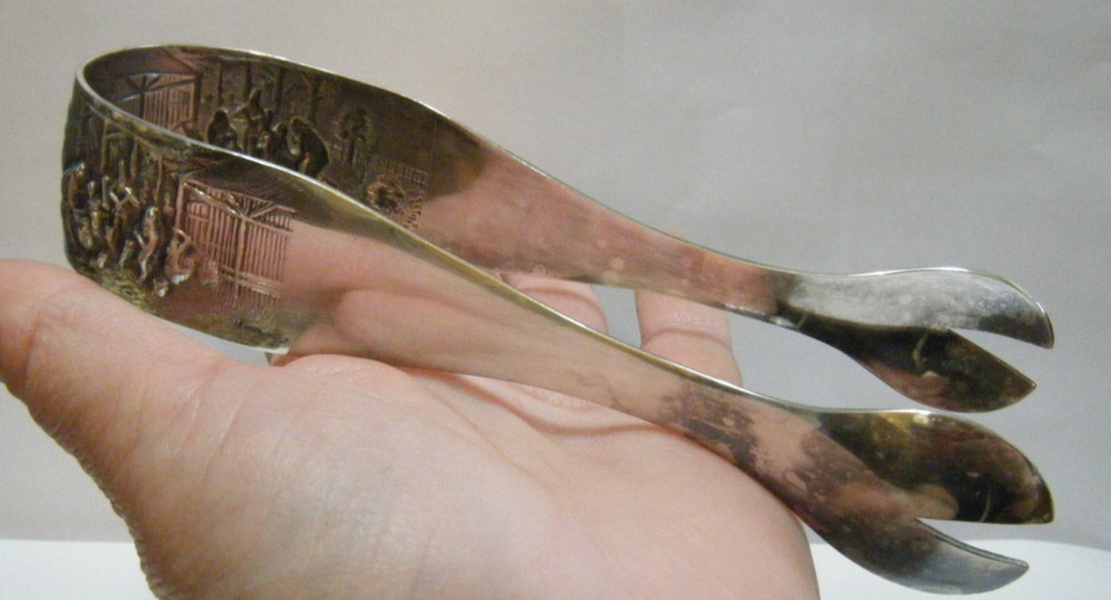 7" Large Vintage Hans Jensen Denmark Silver Plate Repousse Tavern Scene Tongs