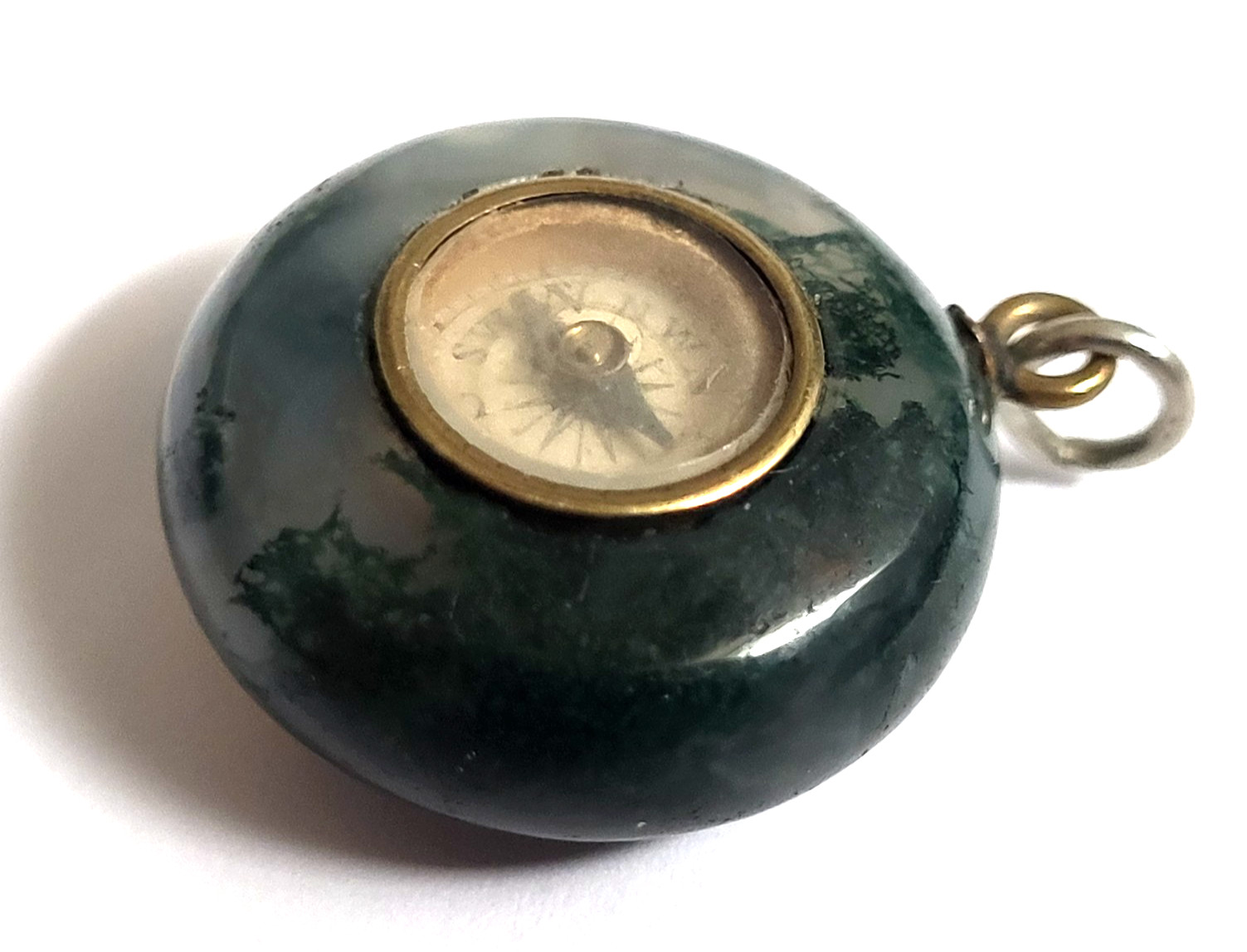 Antique Pocket Watch Fob Green Moss Agate W Compass Victorian Era