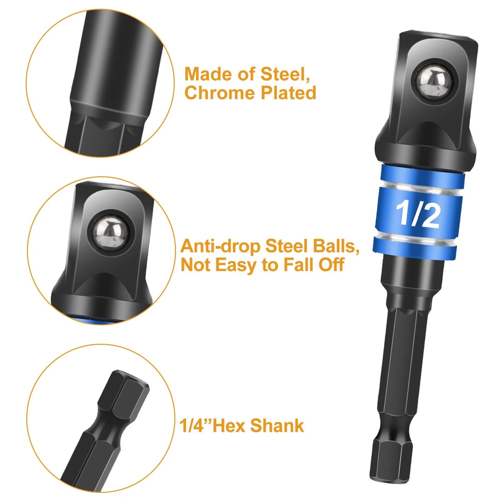 105 Degree Right Angle Drill Bit + 1/4" 3/8" 1/2" Hex Shank Socket Adapter Set