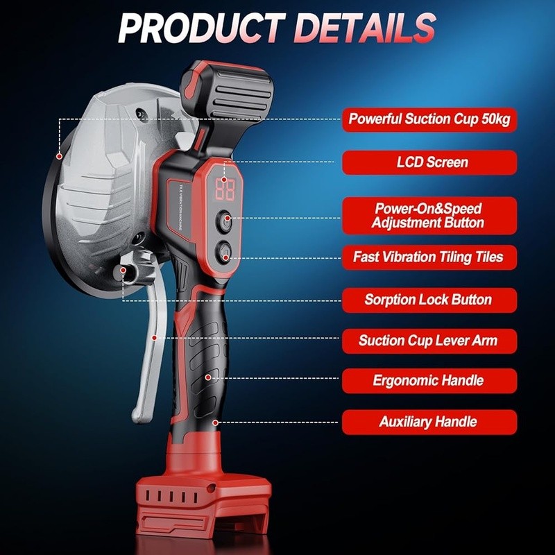 Cordless Tile Vibration Tool 8 Speed LCD Suction Cup 110 lbs Capacity Leveling