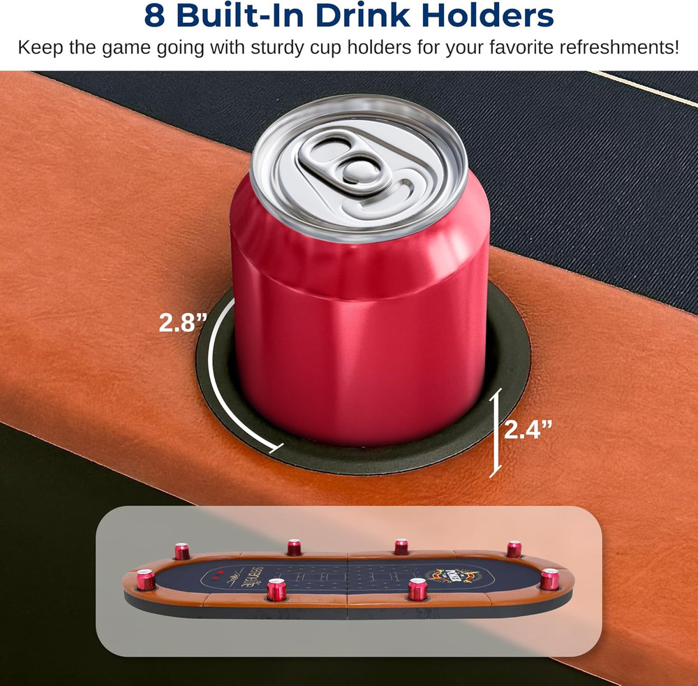 Portable 8-Player Foldable Poker Table with Cup Holders & Cushioned Rail