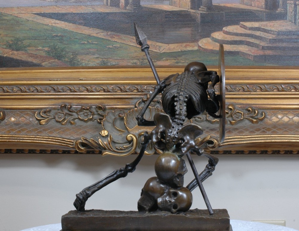 Signed Milo Bronze Statue, Bronze Skull Skeleton Warrior sculpture