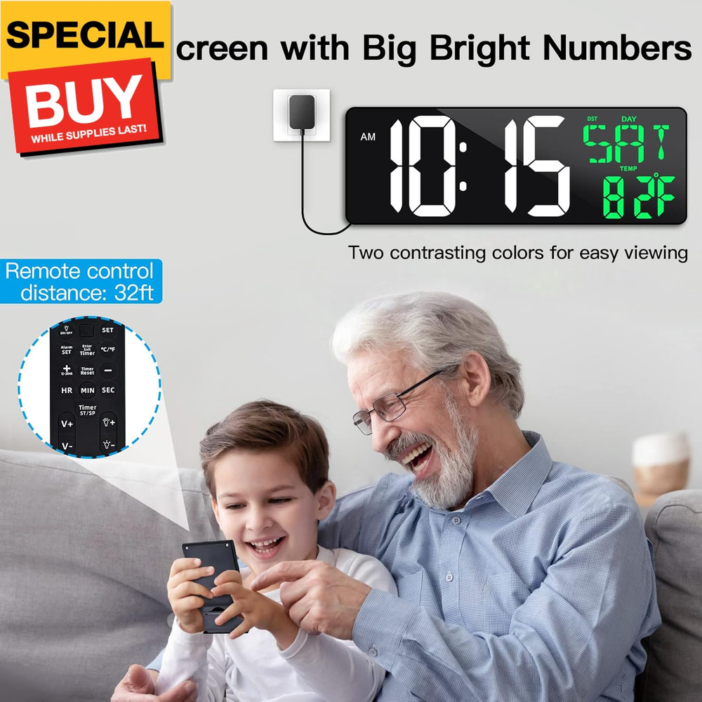 17 Inch Large Digital Wall Clock with Remote Control, Automatic Brightness Dimme