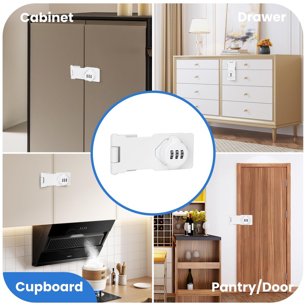 Keyless Cabinet Lock Combination Code 3-Digit Hasp Latch White 4.5 Inch