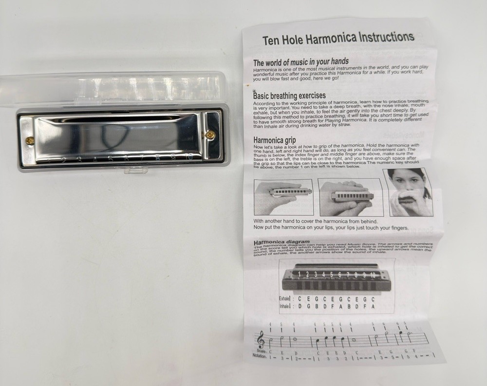 Ten Hole Harmonica with Case & Instructions