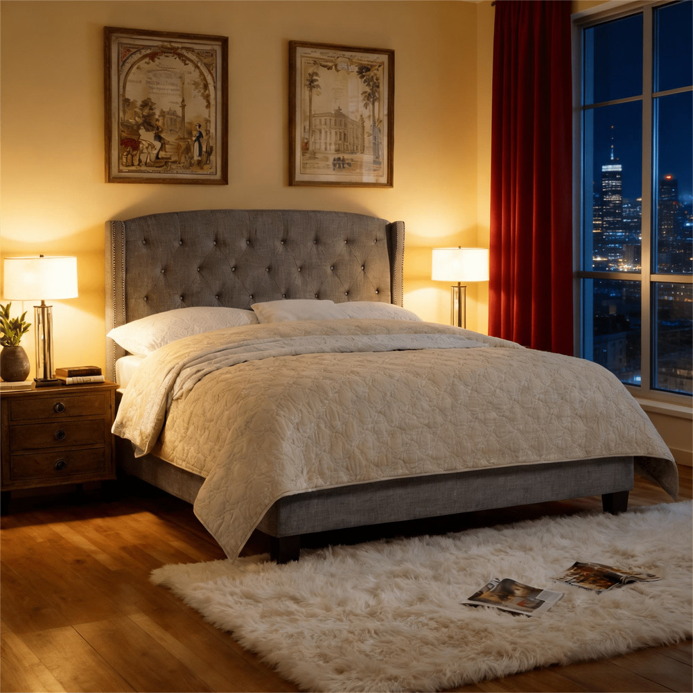 King Size Upholstered Platform Bed Frame W/ Adjustable Wingback Headboard Box