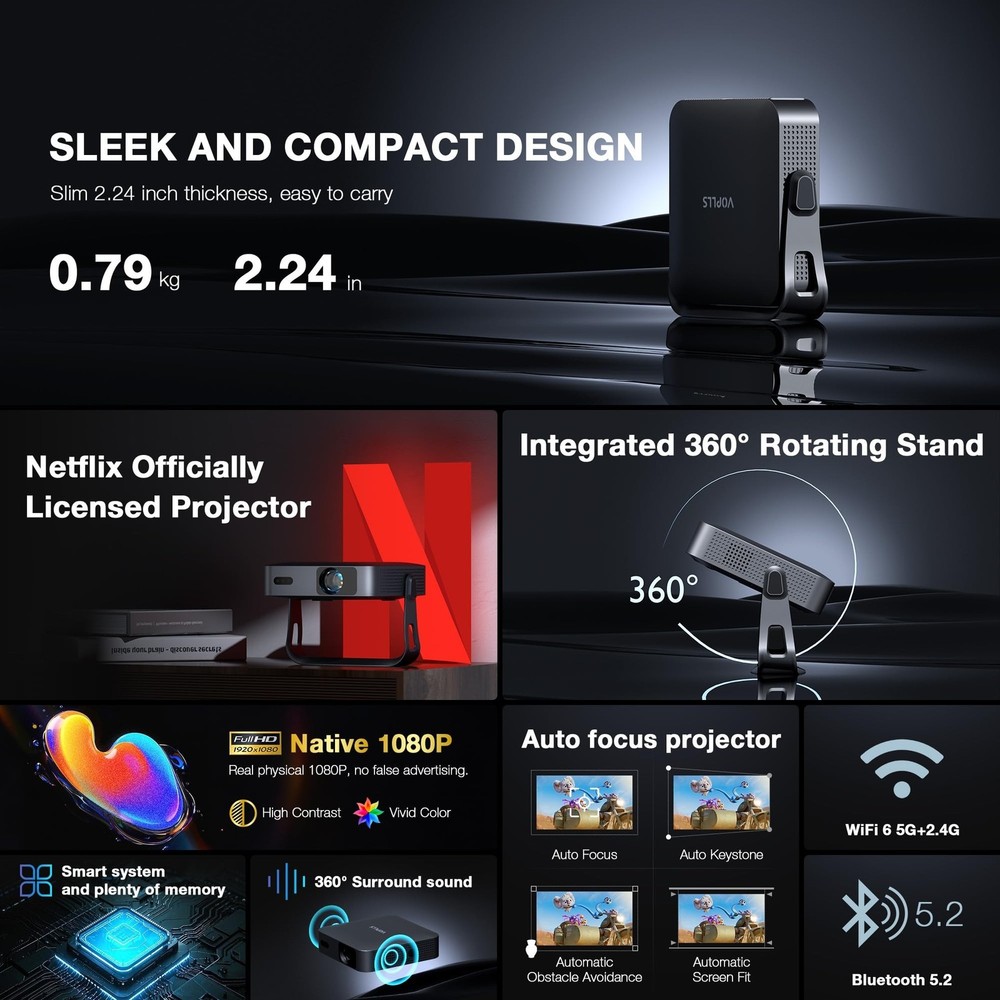 【Thinnest & Netflix-Licensed Projector】Smart Mini Projector with W
