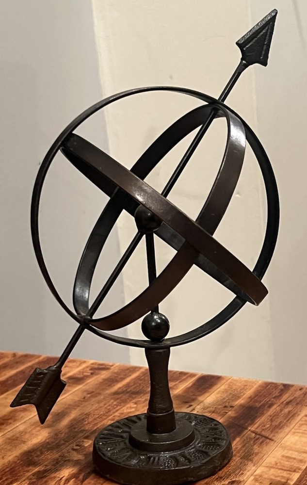 Brass Celestial Armillary Sphere, Astrological Plate, Compass In Base