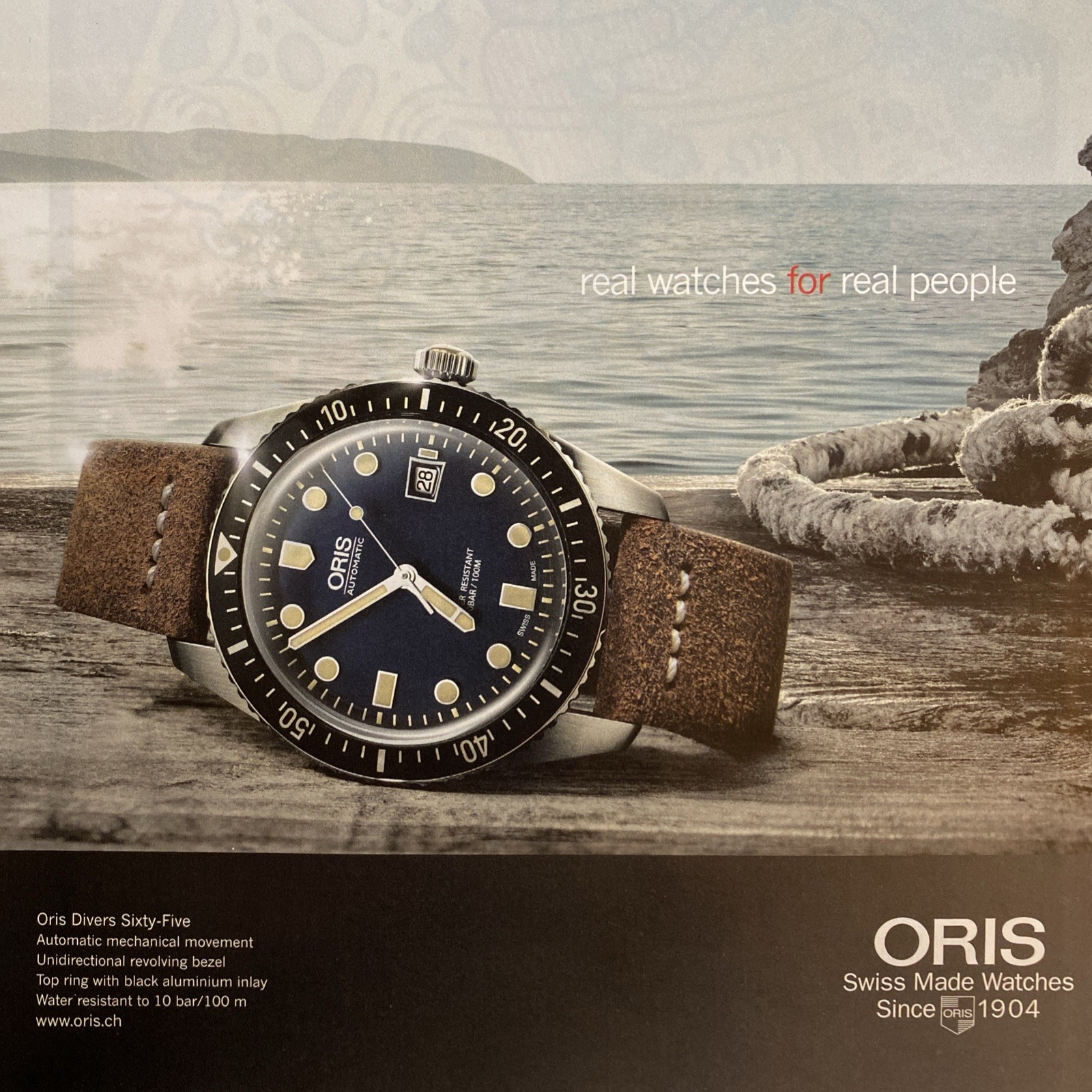 2017 Oris Divers Sixty-Five PRINT AD Swiss Made Watch Ocean Pier Water Style