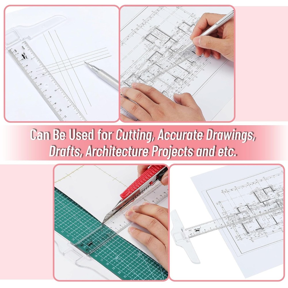 - 12 Inch Plastic T-Square, 3-Pack - Drafting & Crafting T-Square Ruler - Clear