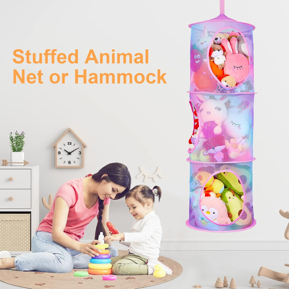 2 Pack Stuffed Animal Storage Mesh Foldable Organizer Net with 3 Compartments