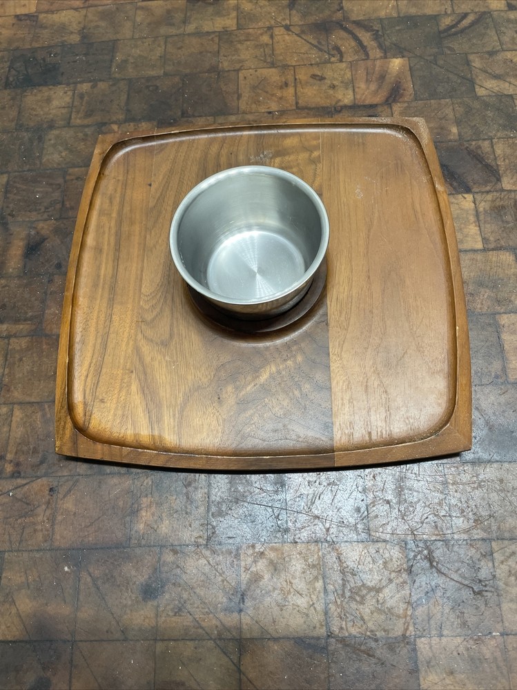 VTG Flair Buffet Set Solid Walnut Square Serving Tray Stainless Bowl