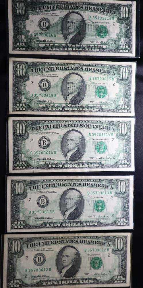 1995 $10 Offset Printing Error On Front 5 AMAZING NOTES, ALMOST UNCIRCULATED