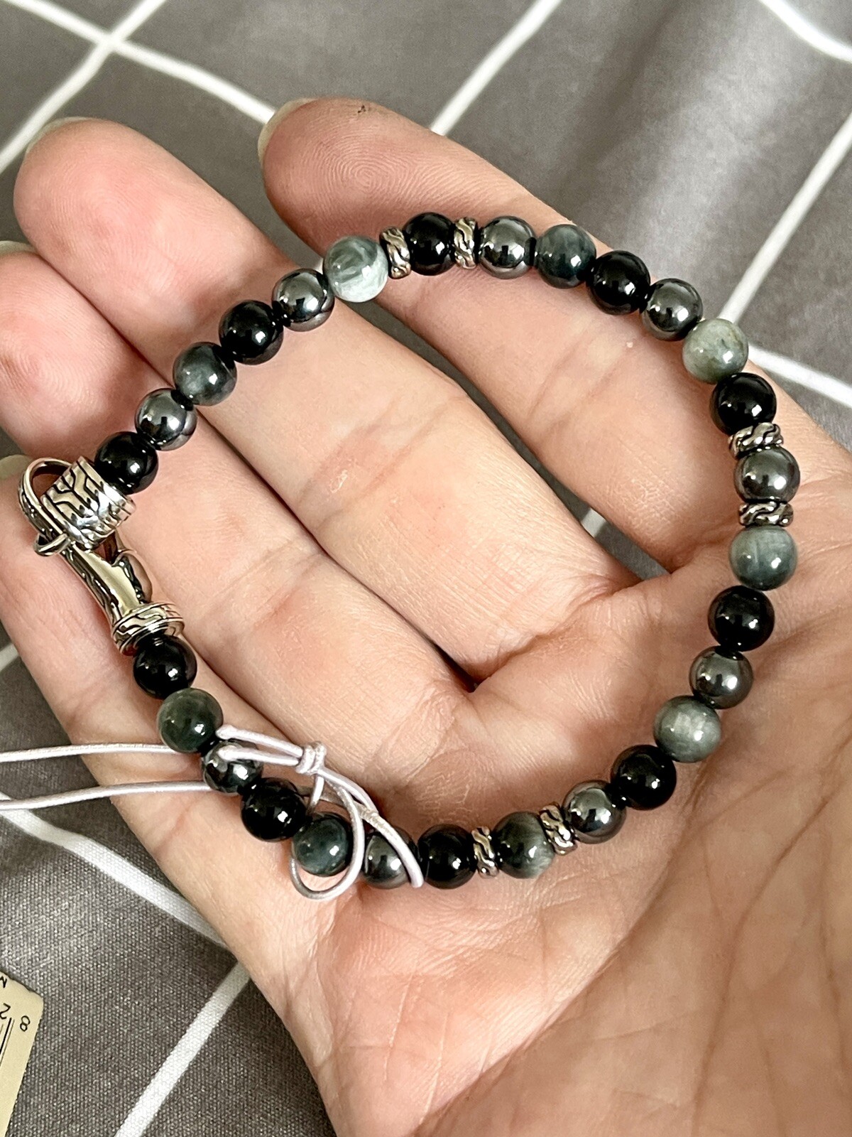 New John Hardy Men’s Sil Bracelet W/ 6mm Black Onyx, Eagle Eye & Hematite Beads