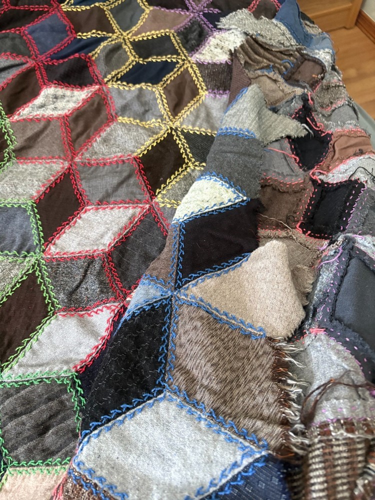 VTG Handmade Tumbling Block Pattern Quilt Baby Blocks Cubework Optical Illusion