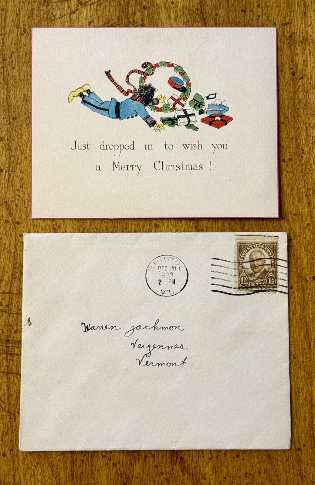 EARLY 1930s Merry Christmas African American Notecard With Postmarked Envelope