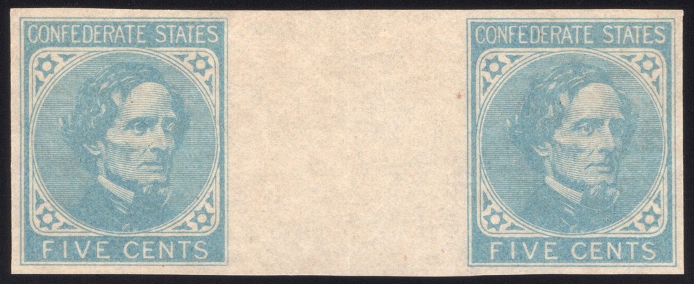 Confederate States, CSA #7 5¢ Blue, MNG Gutter Pair, Extremely Fine