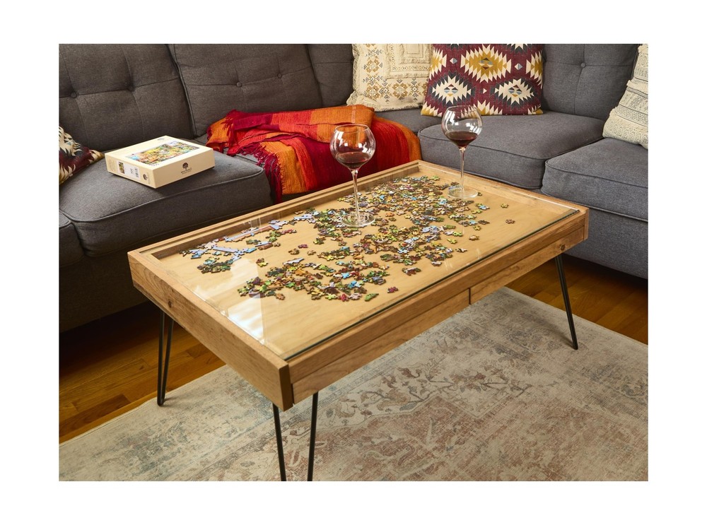 Rustic Puzzle Coffee Table with Removable Glass top - Includes 2 Hidden Drawe...