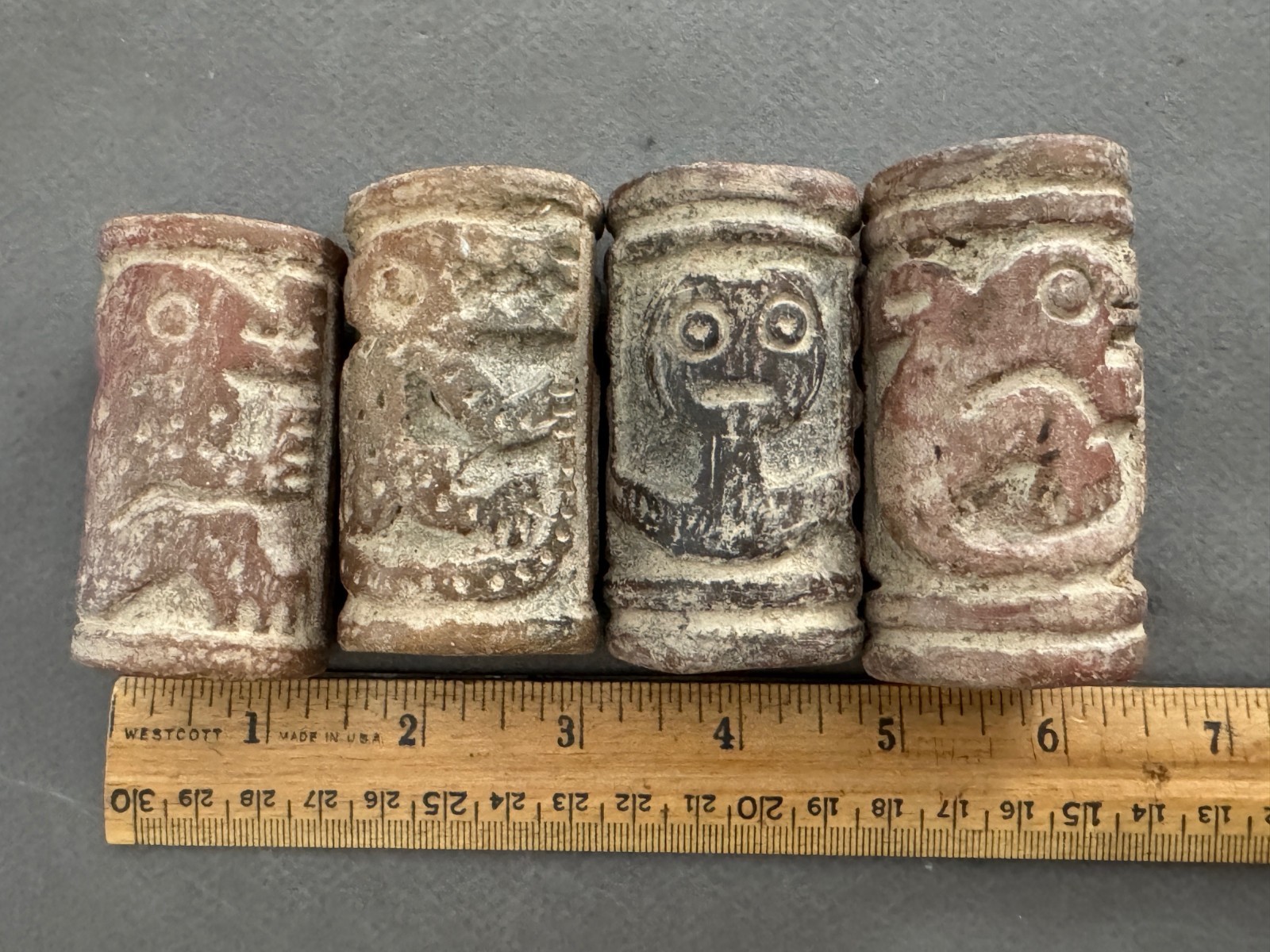 LOT OF 4 LATIN AMERICAN ANIMAL POTTERY CLAY ROLLER STAMPS CYLINDER SEALS ANTIQUE