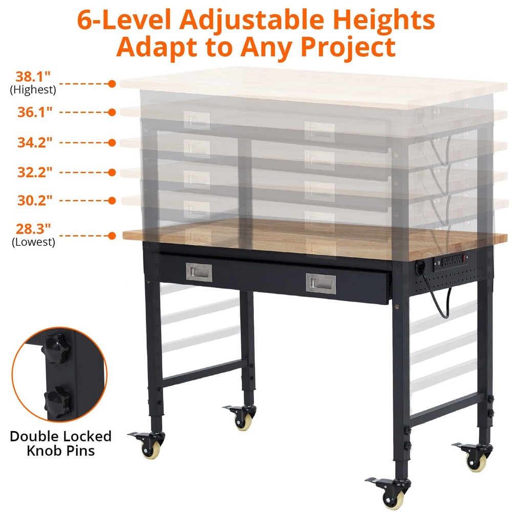 48x24" Workbench Adjustable Height Workstation 2000LBS w/ Drawer Storage Outlets