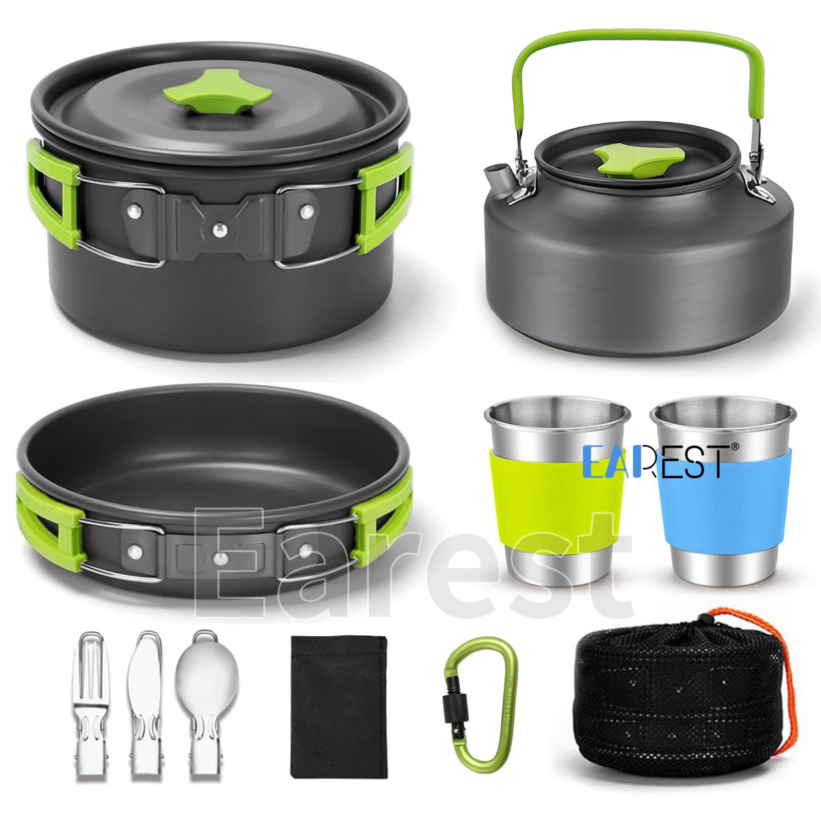 13Pcs Portable Camping Cookware Mess Kit Hiking Kettle Cooking Bowl Pot Pan Set