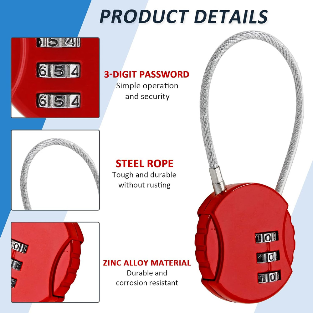 6 Pcs Combination Lock, 3 Digit Outdoor Waterproof Padlock Code Lock Cable