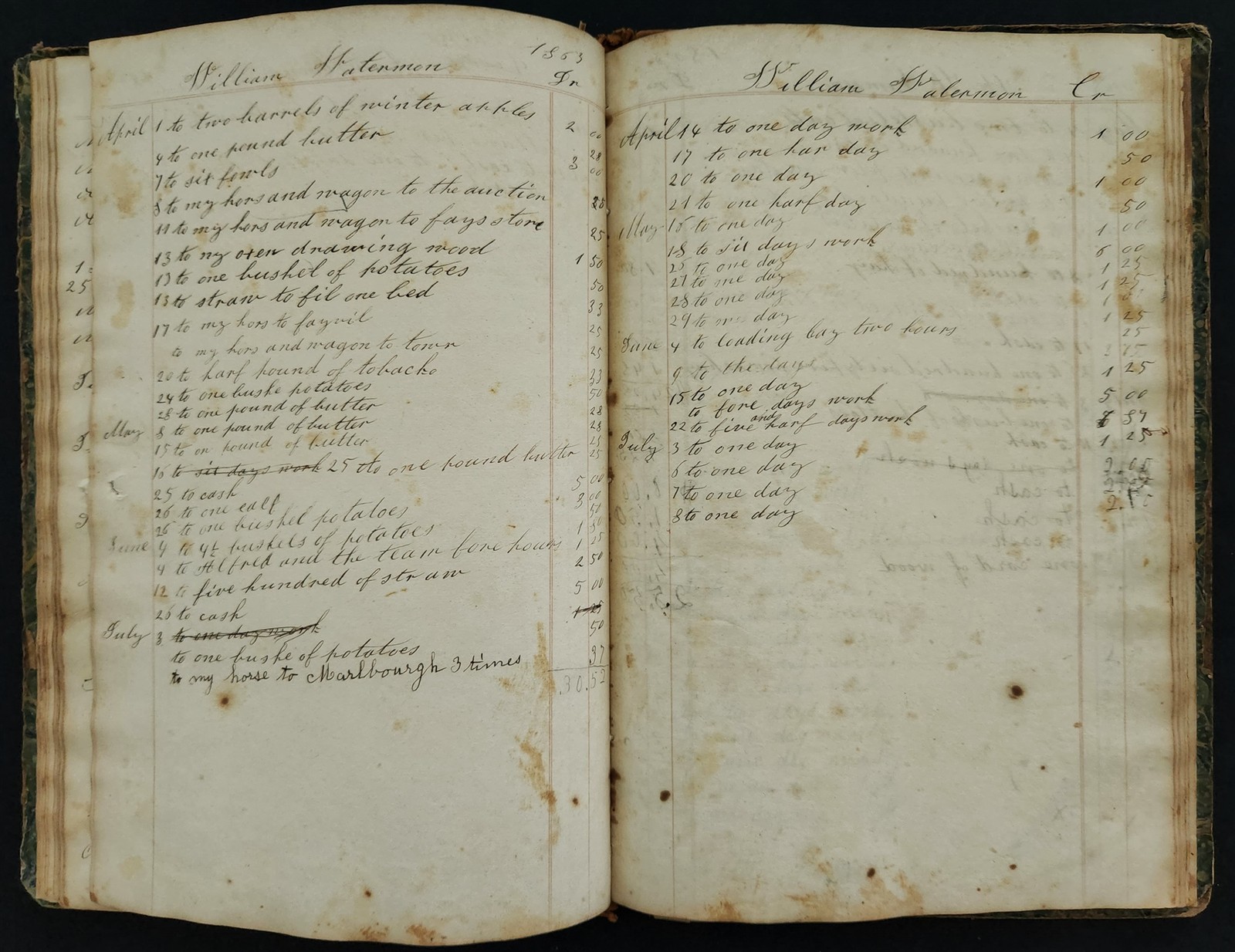 1835-60s antique LEDGER farmingham ma PETER DAVIS farm work horse wagon sider