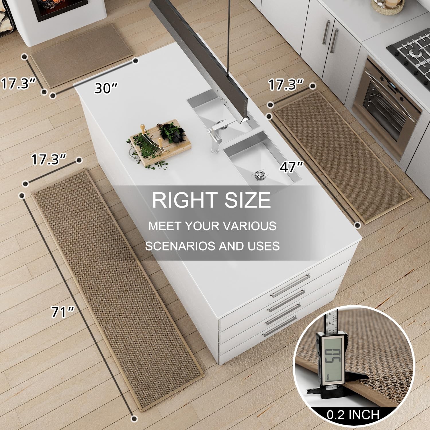 SUMLANS Kitchen Mat Set of 2 PCS, 17.3"x47"+17.3"x30" (Set 2), Brown