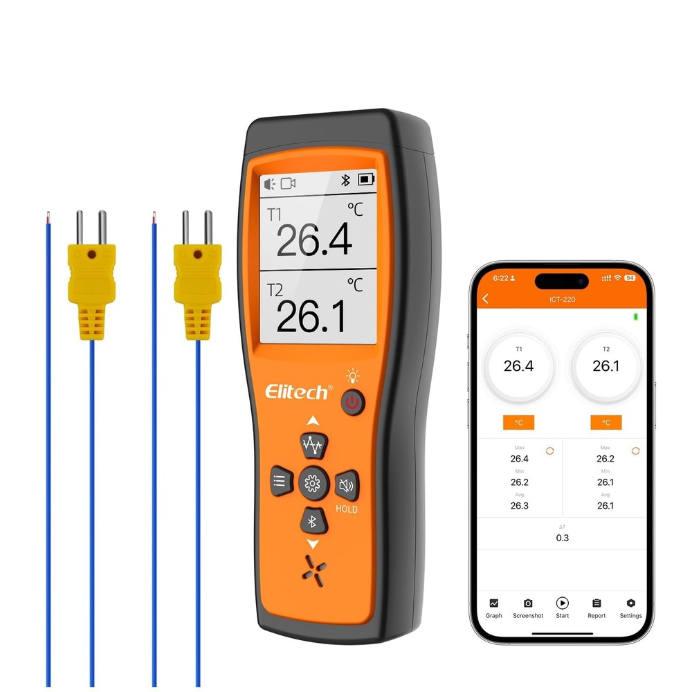 Elitech Bluetooth Thermocouple Thermometer Digital Temperature Data Logger KT...