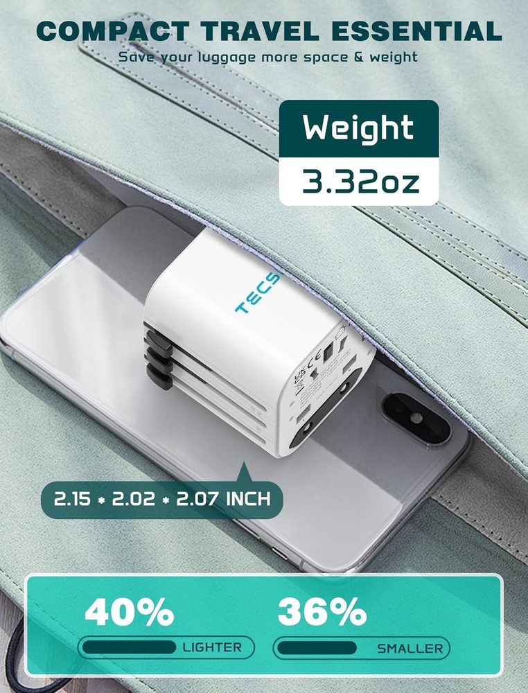 Universal Travel Adapter, Compact Power Plug for 200+ Countries, 2500W