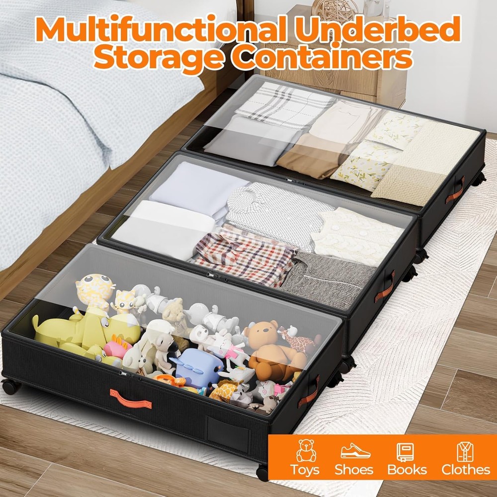 NEW.2-Piece Clear Lid Under-Bed Storage Box Set, Black