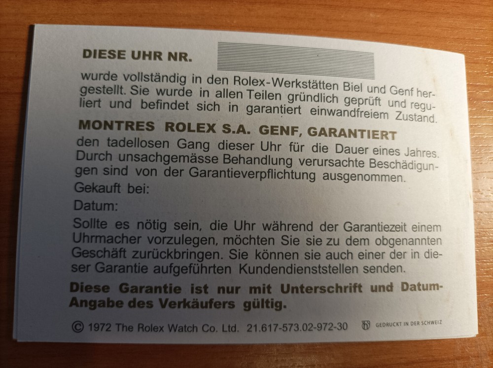 Rolex Guarantee 1972 all models german in good condition