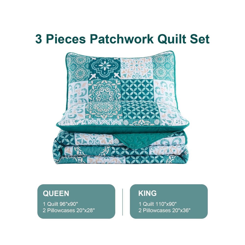 Teal Quilt Set Queen Size, Boho Turquoise Plaid Patchwork Bedspread... Fast Ship