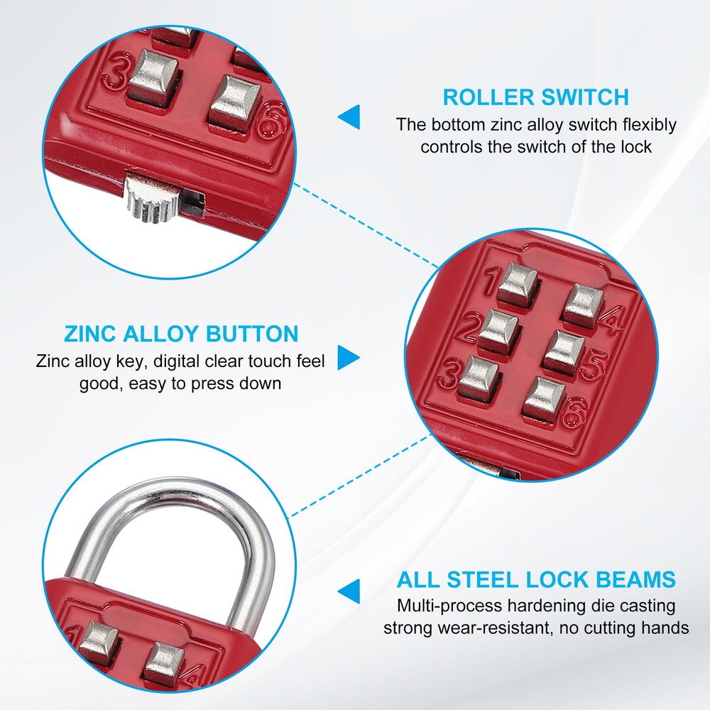 Push Button Combination Padlock 6-Digit 3-Position Lock Red