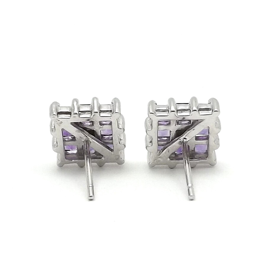 Solid 18k Gold Princess Cut Square Setting Stud Earrings Natural Amethyst New