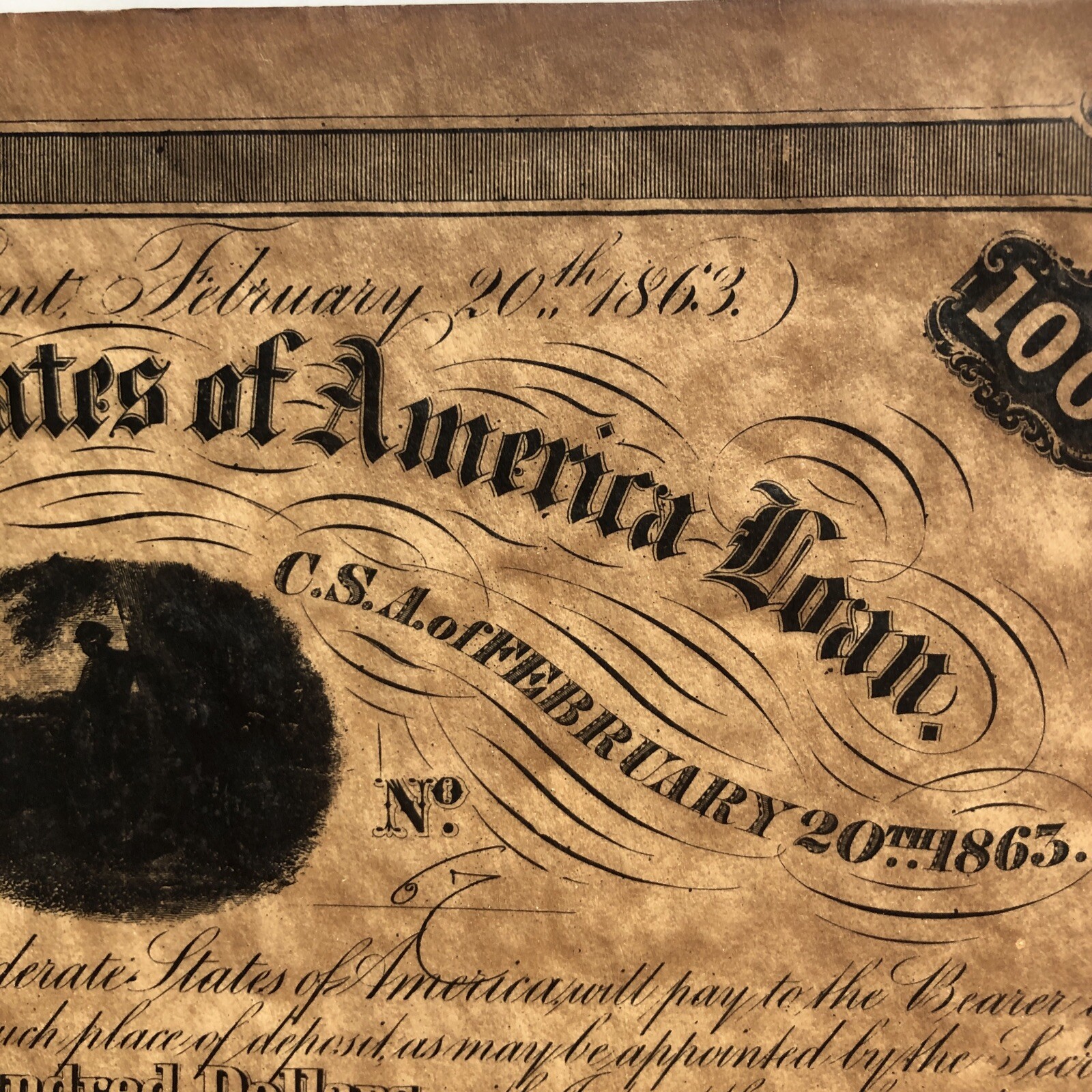 Antique Feb 1863 Confederate States of America Loan Bond #67 100$ Richmond